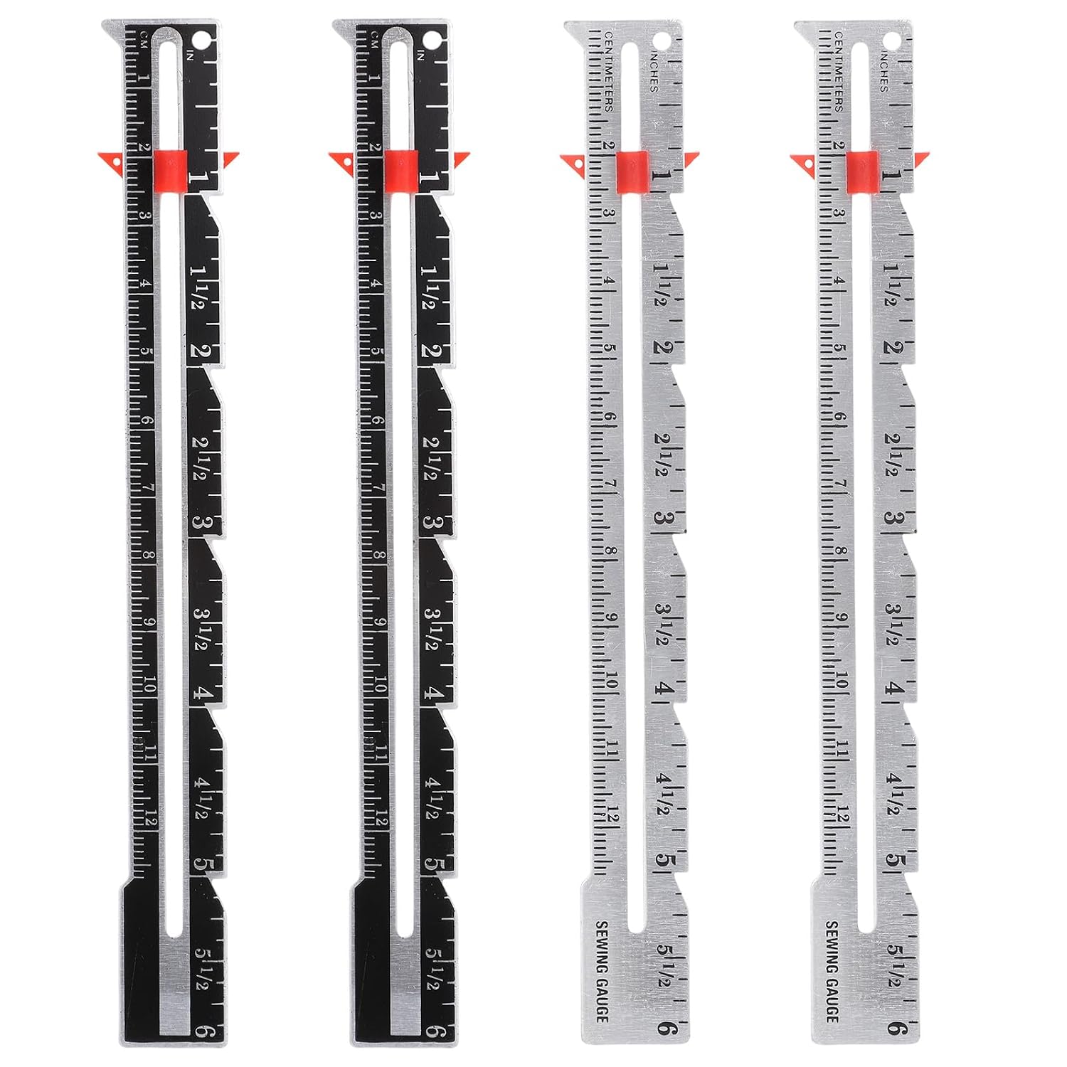4PCS Hem Gauge, Adjustable Seam Gauge for Sewing,5.98 X 0.67 in Sewing Measuring Tools with Slide Mark, for Knitting Crafting Sewings Hemming Measuring Beginner Supplies, Black, Silver