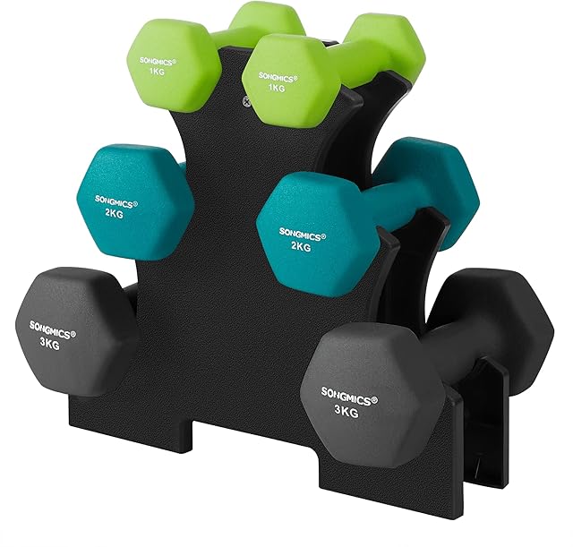SONGMICS Hex Dumbbells Set with Stand - 2 x 1 kg, 2 x 2 kg, 2 x 3 kg, Neoprene Matte Finish, Hand Weights for Home Exercise