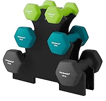 SONGMICS Halterset, 3 paar, 2 x 1 kg, 2 x 2 kg, 2 x 3 kg, opbergstandaard, sportkamer, krachttraining, antislip neopreen...