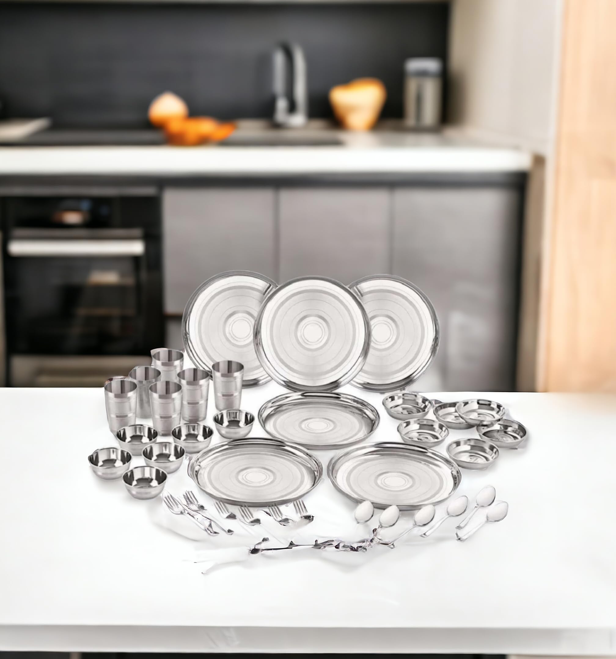 KM Dinner Set Pack of 36 Stainless Steel dmark Dinner Set (Silver)