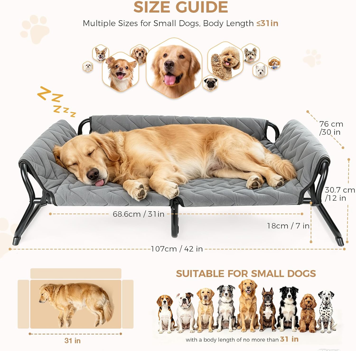 Elevated Dog Bed with Bolster, 2-in-1 Raised Dog Cot for Large Dogs up to 90 lbs, Removable Machine-Washable Cushion, Stable Metal X-Frame, Indoor and Covered Outdoor Use, 42 x 30 x 12 in, Gray