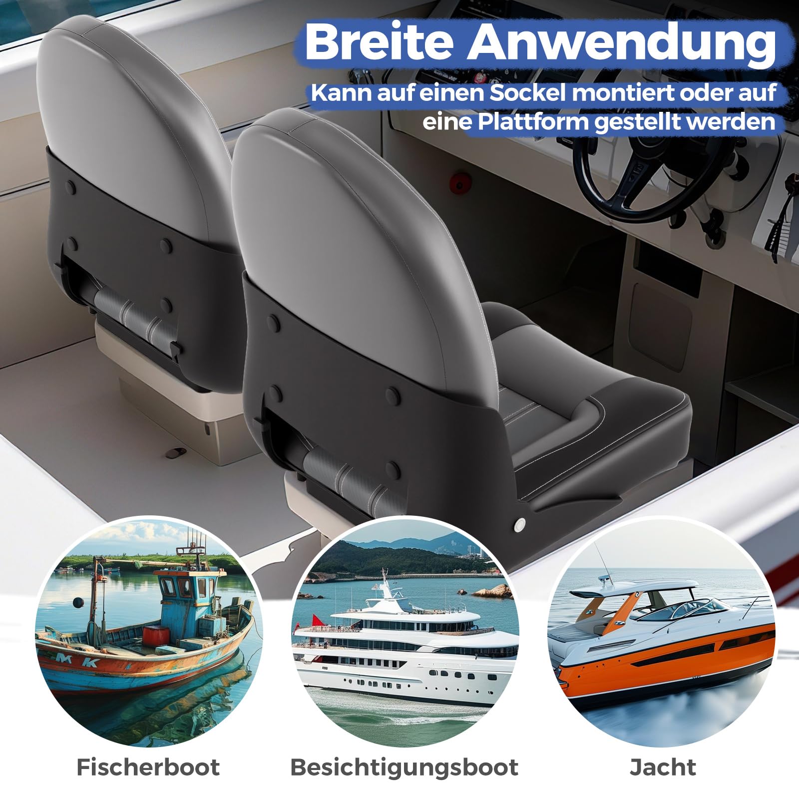 COSTWAY Hochlehner Bootssitz, 2er Set, klappbarer Bootsstuhl mit 7 cm dicker Schaumstoffpolsterung, gepolsterter Steuerstuhl für Boote, Schwarz