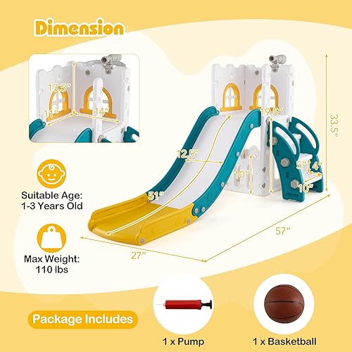 Miniatura 7 de BABY JOY Tobogán para niños pequeños, juego de tobogán 6 en 1 para interiores con aro de baloncesto, telescopio, escalera de escalada y espacio de