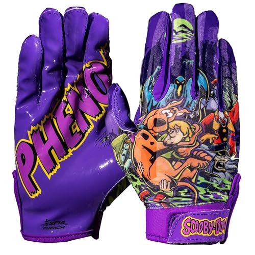 Phenom Elite Scooby-Doo Unmasked Football Gloves – VPS1 | Purple | Lightweight, Super Sticky Receiver Gloves for Adults & Kids | Elite Grip, Comfort & Scooby-Doo Design (Youth X Small)