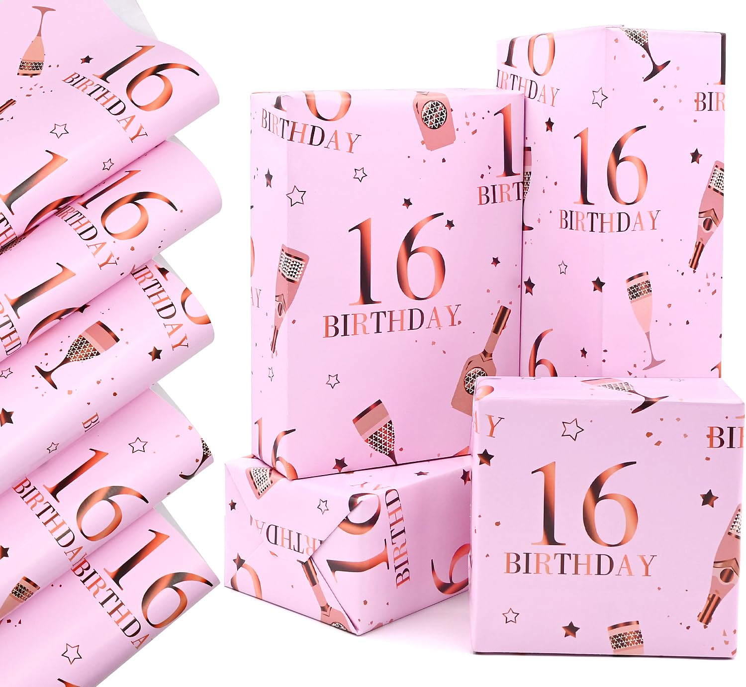 QRTDXP Pink Gift Wrapping Paper Sheets for 16th Birthday,5pcs 50 * 70cm Large 16th Birthday Paper, Pink Eco-friendly Gift Wrap Perfect for Girls Woman
