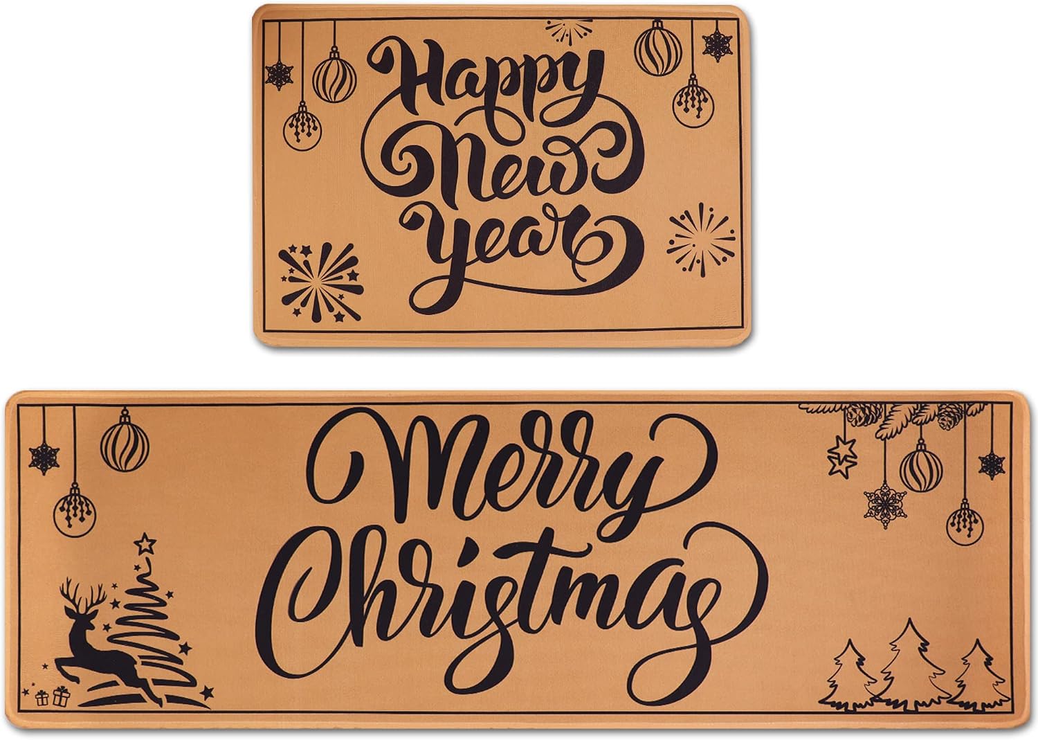 chiazllta Merry Christmas Kitchen Rugs Set of 2, Xmas Tree Reindeer Floor Rugs and Mats Happy New Year Christmas Decorations for Home Kitchen,15.7 x 23.6 and 15.7 x 47 inch