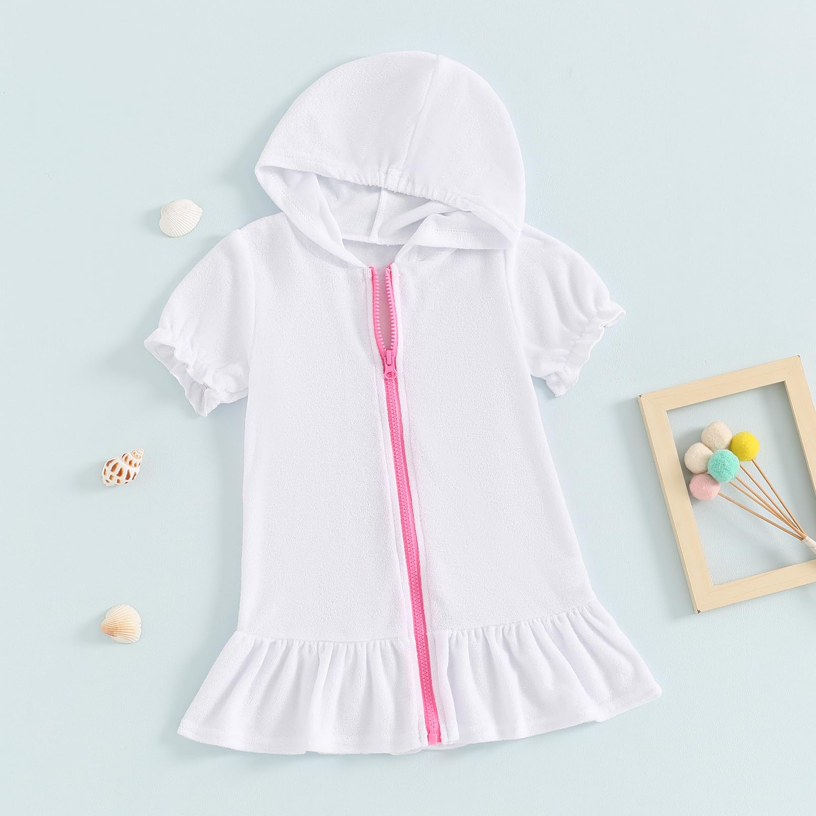 Gaono Toddler Baby Girl Swimsuit Cover Up Short Sleeve Ruffled Zipper Hooded Beach Bathing Suit Towel Kids Pool Robe Dress (White, 5-6 Years)