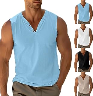 Sleeveless Shirts for Men Cotton Button Up Henley T Shirts Regular Fit Muscle Cut Off Casual Summer Work Beach Gym Tank Tops