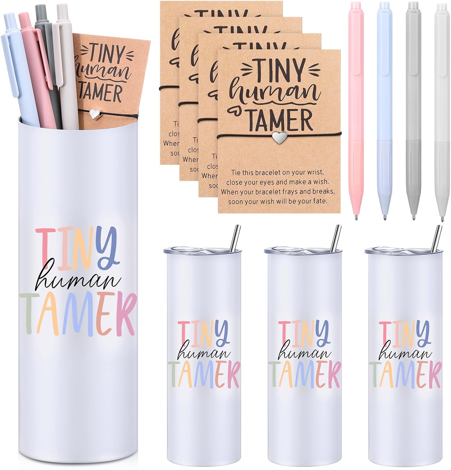 Geiserailie 16 Pcs Tiny Human Tamer Daycare Teacher Appreciation Gifts with Tumblers Pens Bracelets and Wish Cards for Women Babysitter Mom Daycare Preschool Kindergarten Teachers' Day Gifts