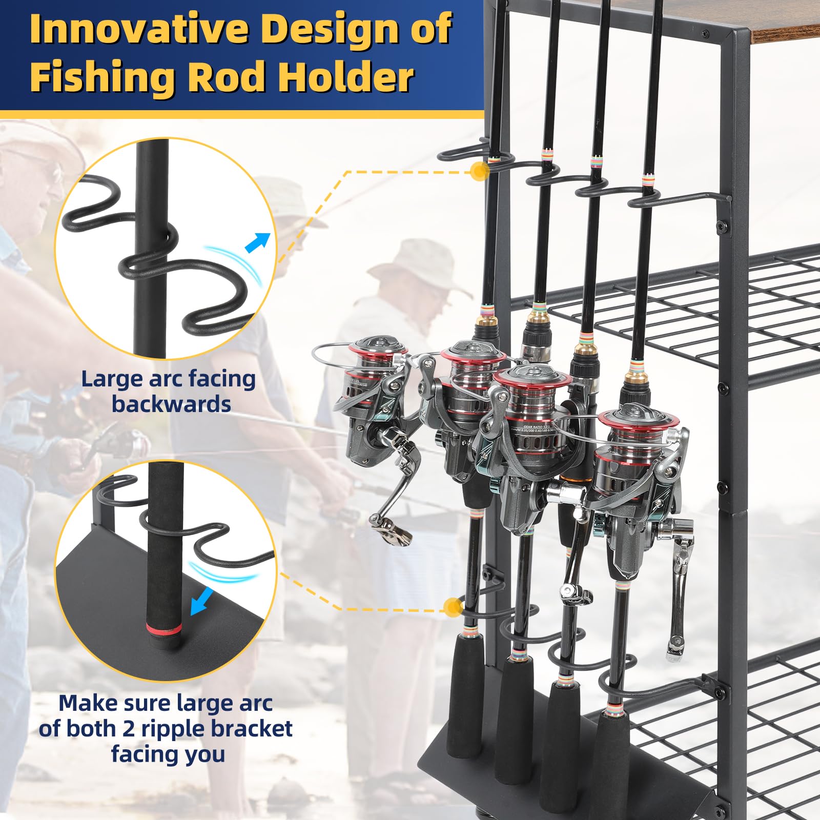 Chariot Roulettes Bikoney Support Cannes à Pêche - Rangement 8 Cannes + Accessoires - Roulettes - Pour Garage Ou Maison Organisateur Garage