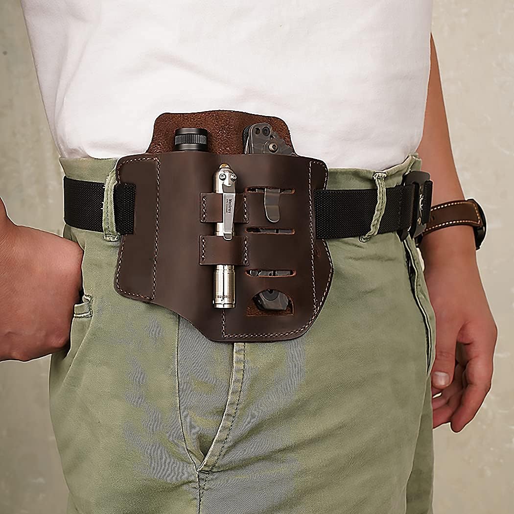 VIPERADE PJ13 EDC Leather Sheath, Knife Belt Sheath/Leather Flashlight Holster/for Leatherman Multitools Sheath, Handmade 3 Pockets Organizer Sheath for Knives/Flashlights/Tactical pens/Tools (Brown) - - 