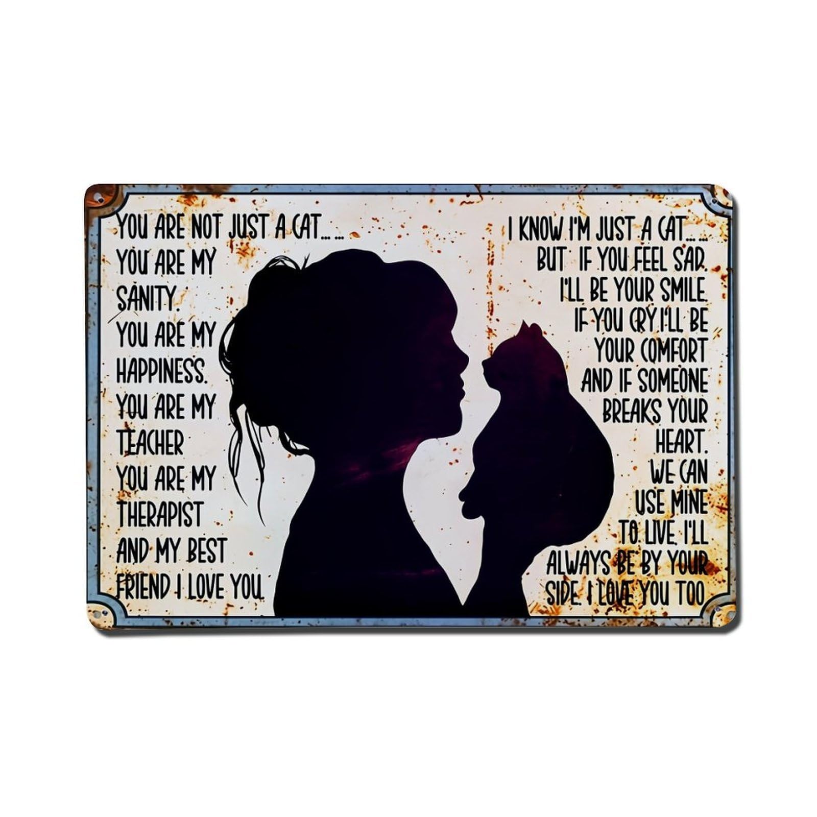 Silhouette Cat And Woman Love Message Retro Metal Tin Sign, Vintage Metal Poster for Home, Gaming Room, Studio Workshop,Bar,Garage Wall Art Decor 8x12 Inch