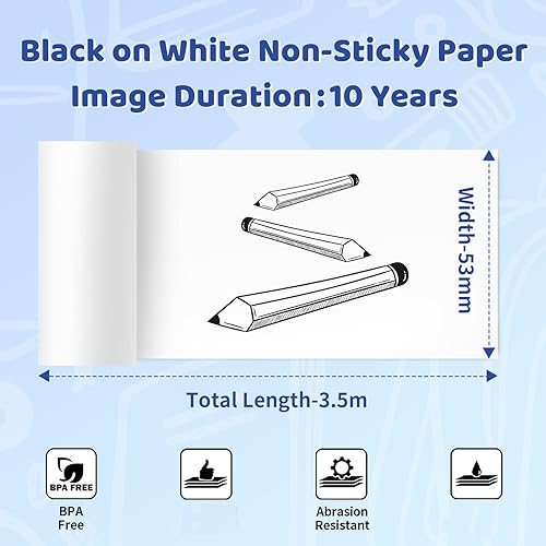 Miniatura 10 de Phomemo Papel adhesivo blanco para impresora M02XT02, 10 años, papel adhesivo negro sobre blanco, 1.969 in x 11.5 ft, 3 rollos
