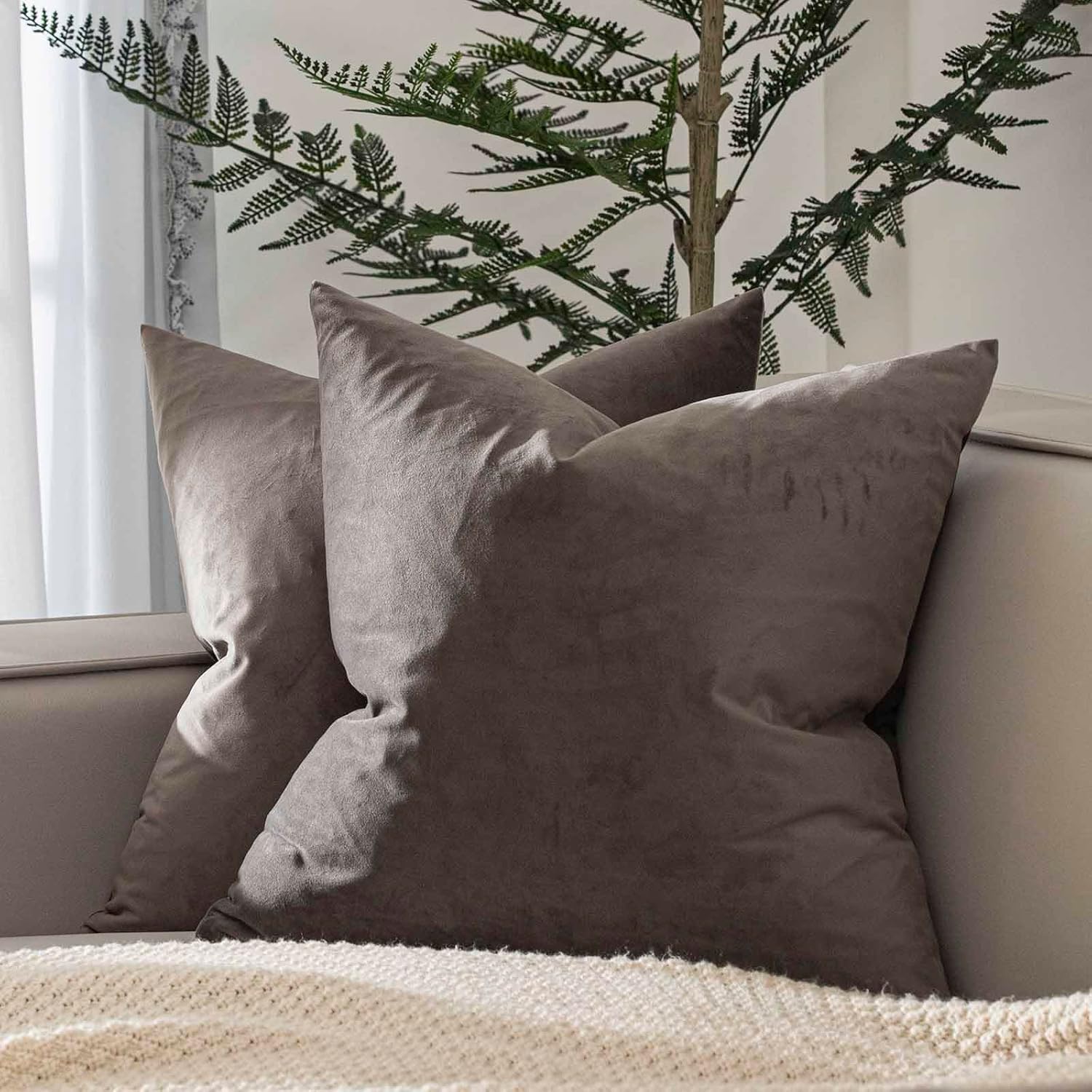 JUSPURBET Throw Pillow Covers Set of 2 Decorative Velvet Pillow Covers for Couch Sofa Bed Soft Cushion Covers Cases with Invisible Zipper for Living Room Home Decor 24x24 inch,Ash