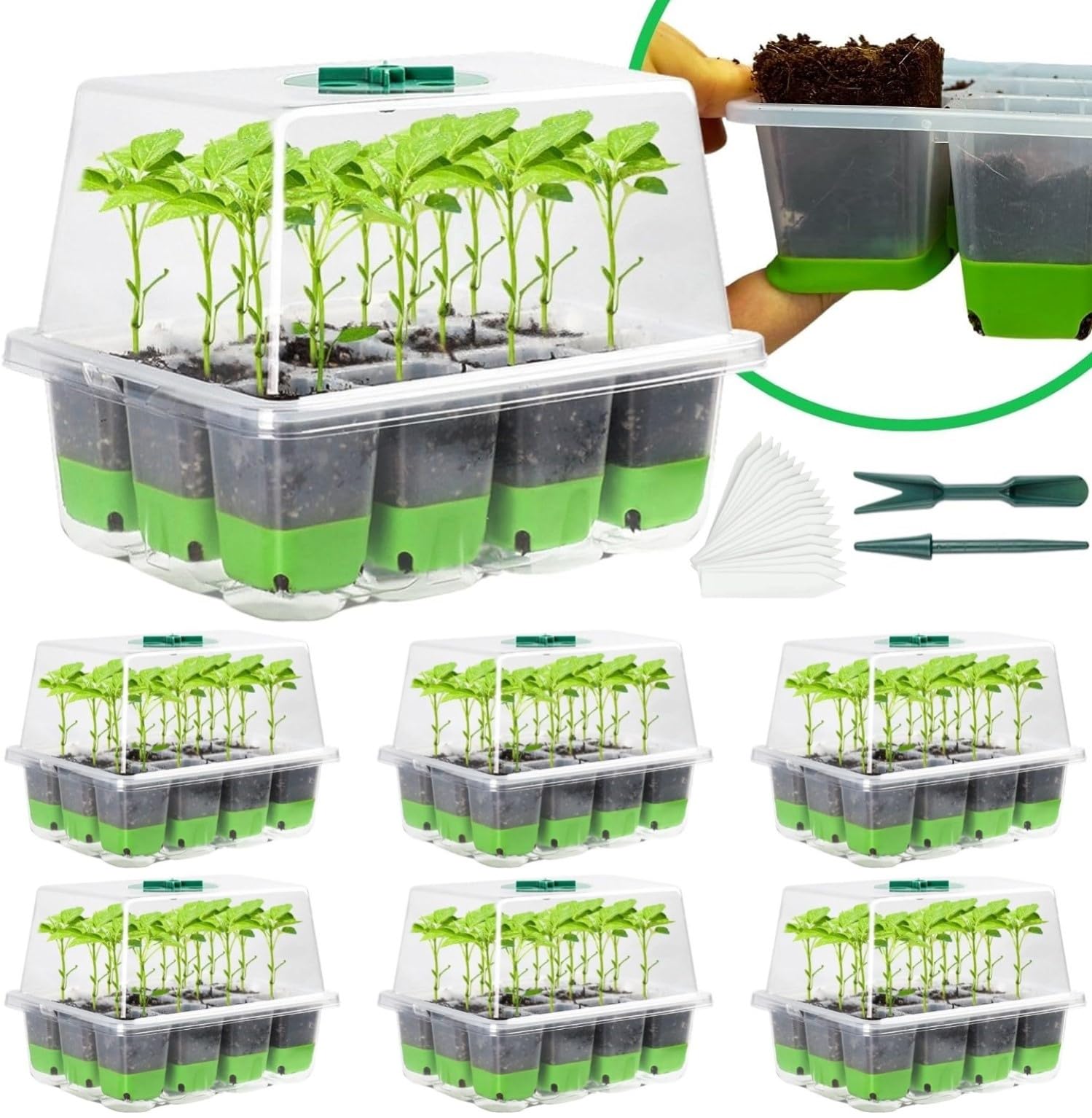 Kaheign Green 6Pcs Silicone Seed Starter Trays, 72 Cells Reusable Seeding Propagator Tray Heavy Duty Plant Seed Growing Tray Kit With Adjustable Vents, Raised Lid, Silicone Base, Plant Labels, Tools