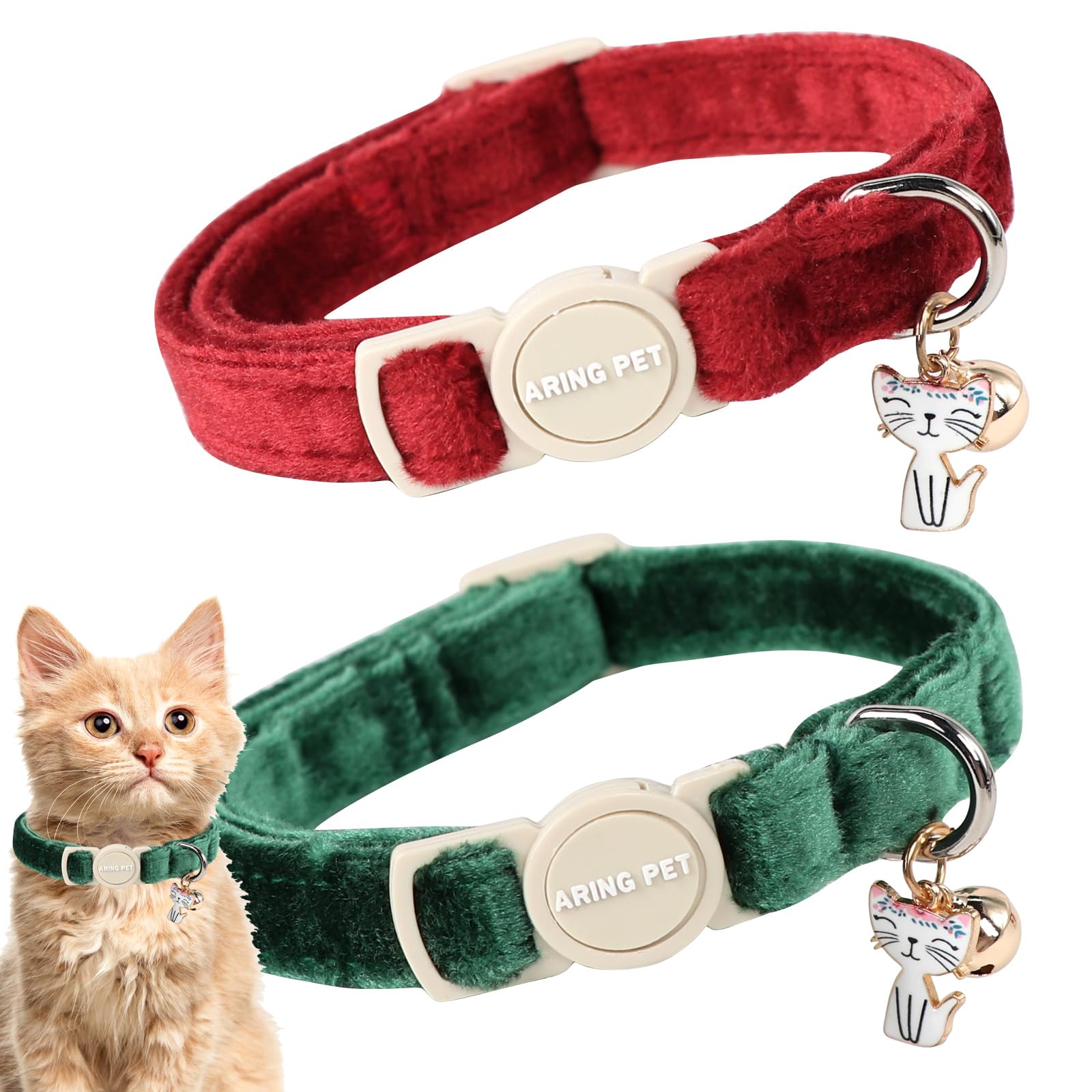 ARING PET 2 Pack Cat Collars-Cute Breakaway Cat Collar with Bell & Pendant, Adjustable Christmas Kitten Collars with Safety Buckle for Girl and Boy