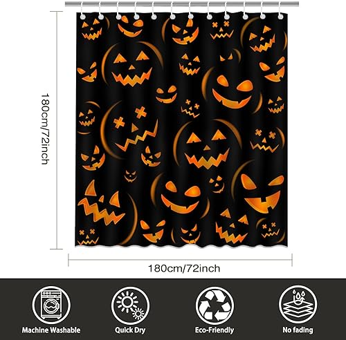 Miniatura 4 de Mocsicka Cortina de ducha de calabaza de Halloween, cortina de ducha de calabaza malvada sonrisa malvada, cortina de ducha impermeable de Halloween