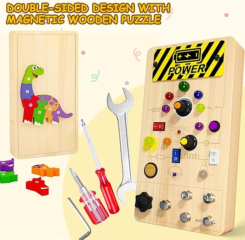Miniatura 4 de MGparty Montessori Toys - Tablero de actividades para niños pequeños, juguetes sensoriales de madera con rompecabezas de dinosaurios, interruptor de