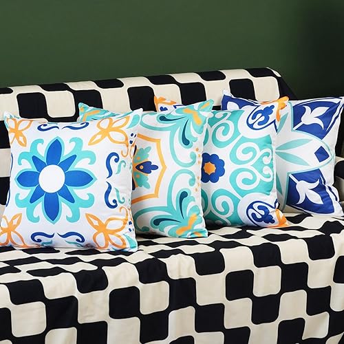 Miniatura 4 de ONWAY Juego de 4 fundas de almohada bohemias para exteriores, impermeables, de 16 x 16 pulgadas, juego de 4 almohadas decorativas florales para