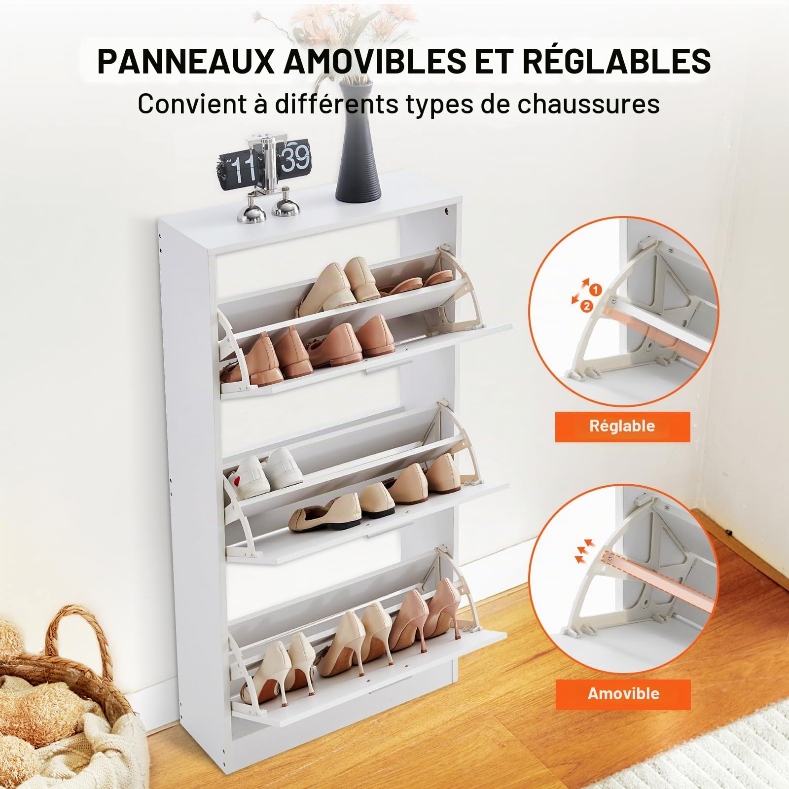 VEVOR Armoire à Chaussures étroite - Blanc - 600 x 237 x 1200 mm - avec 3 Rabats + Compartiment de Rangement supérieur - Capacité de Charge de 45,35 kg - en Bois Massif - pour Couloir