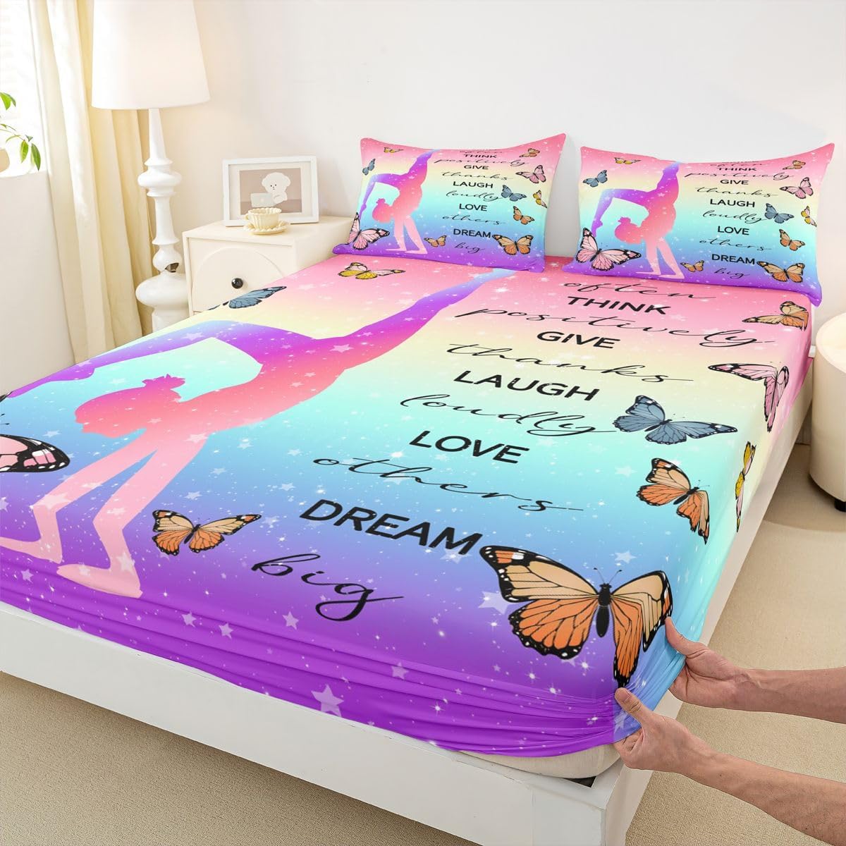 Erosebridal Gymnastics Girls Bed Sheets Cute Rainbow Fitted Sheet Twin Size for Kids, Girly Butterfly Sheets Purple Blue Beige Pink Ombre Bedding, Exercises Sport Bed Cover Athletics Decor