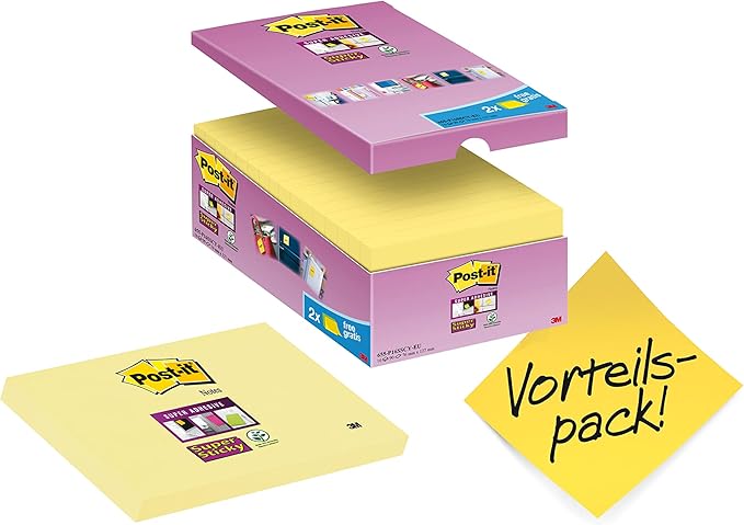 Post-it Notas Super Sticky Canary Yellow, 14 blocs + 2 GRATIS, 76 x 127 mm