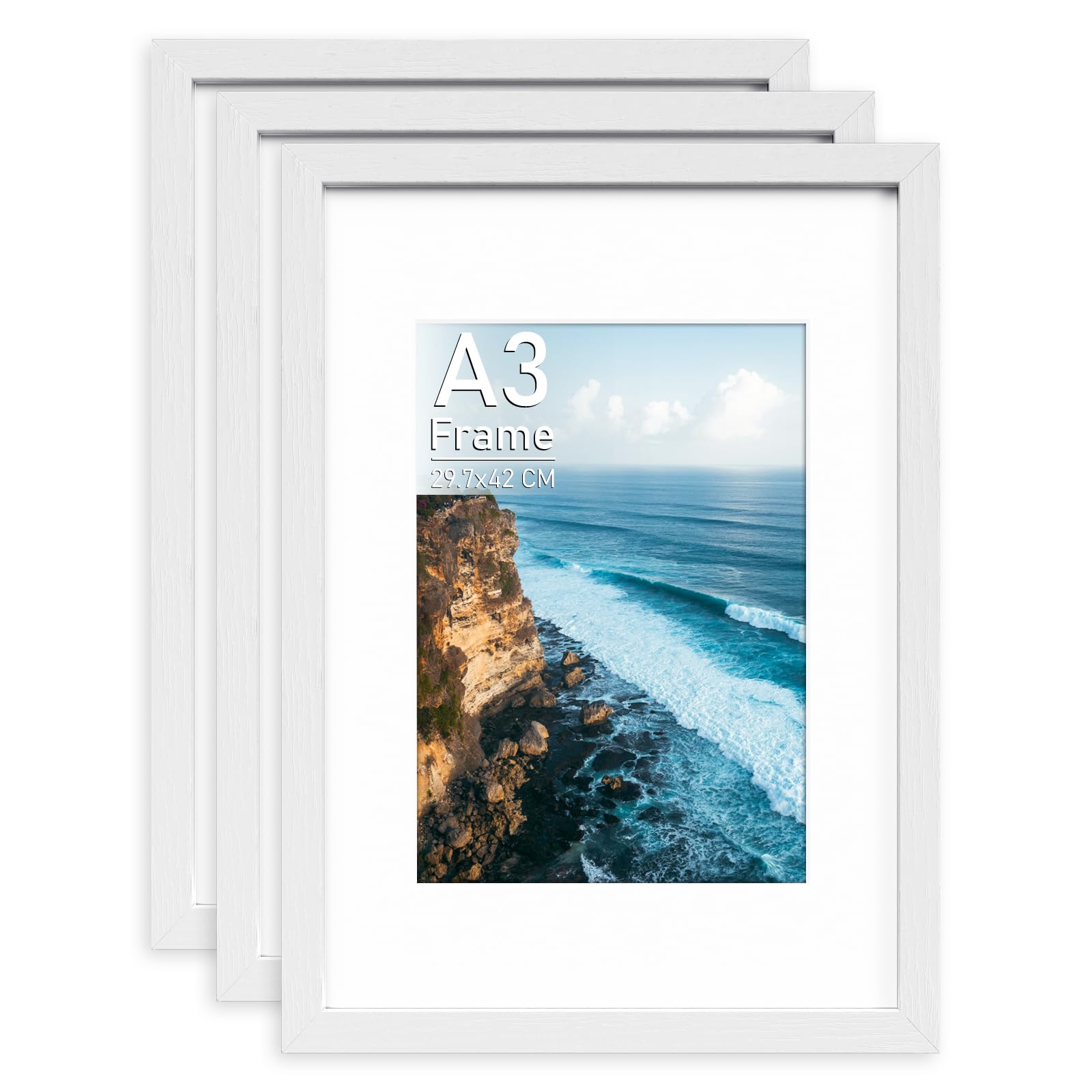 4 Pack A3 Picture Frames, White Wooden Photo Frames with Mount for A3/A4 Prints, Shatterproof Plexiglass, Wall Mountable Portrait or Landscape for Home Office Decor, Gallery Walls