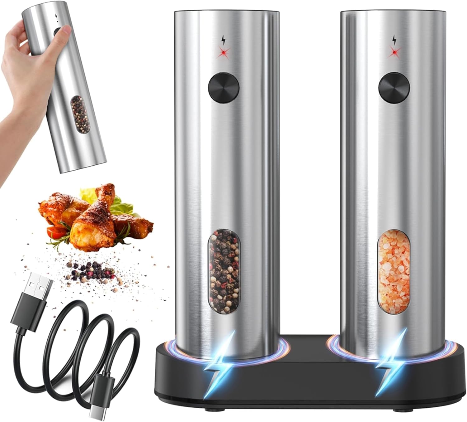 Electric Salt and Pepper Grinder Set, Rechargeable Salt and Pepper Grinder Set with USB-C Charging Base, Automatic Pepper Mill 110ml, Adjustable Coarseness, Stainless Steel Salt and Pepper Shakers