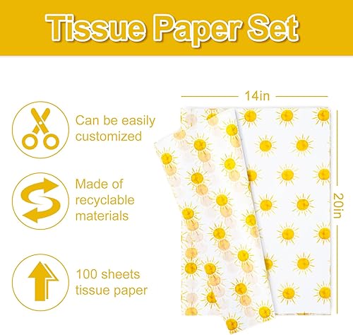 Miniatura 2 de Whaline 100 hojas de papel de seda bohemio con sol amarillo, papel de regalo para el primer viaje alrededor del sol, papel de arte para manualidades
