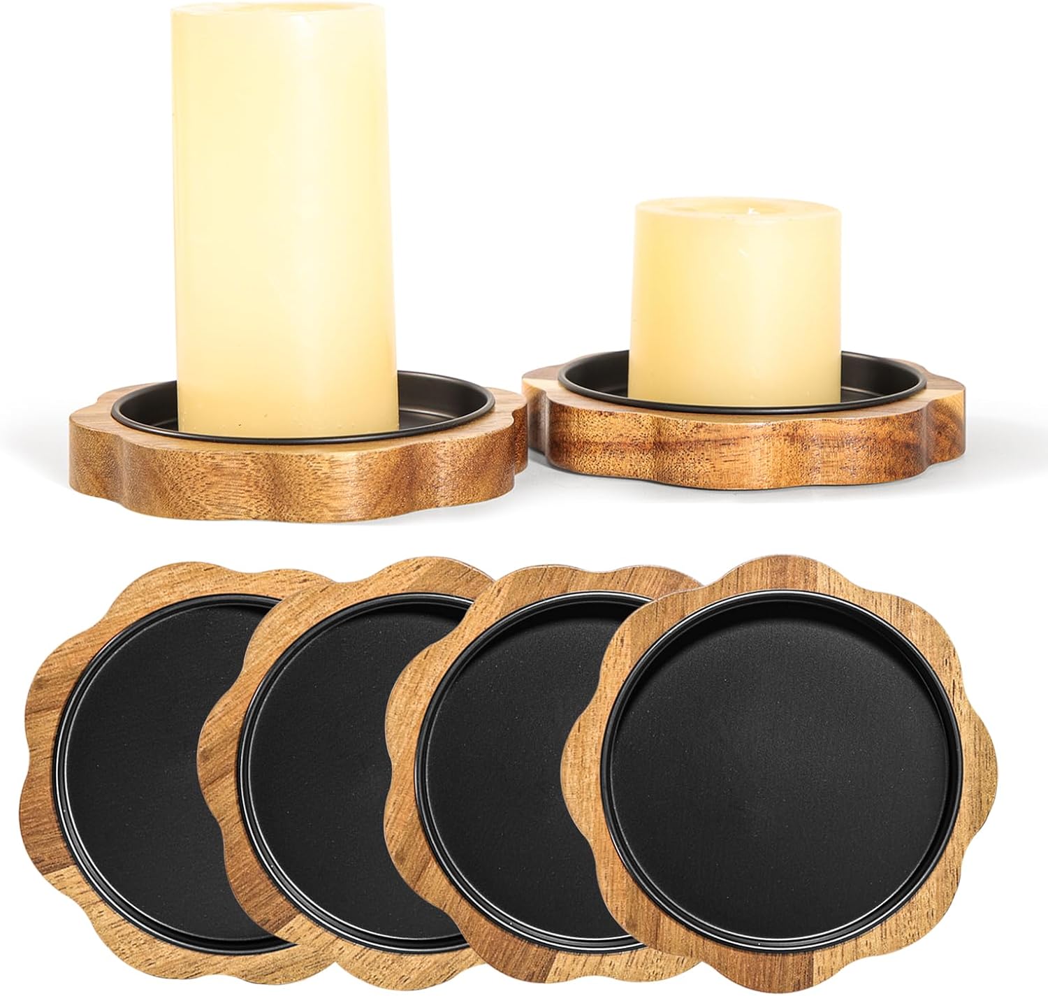 Flower Wooden Candle Holder 4-Pack, Rustic Acacia Wood Candlestick Stand, Unique Petal Design Pillar Candle Holders for Farmhouse Table Centerpiece Decor, Fits 3.35" Dia Candles