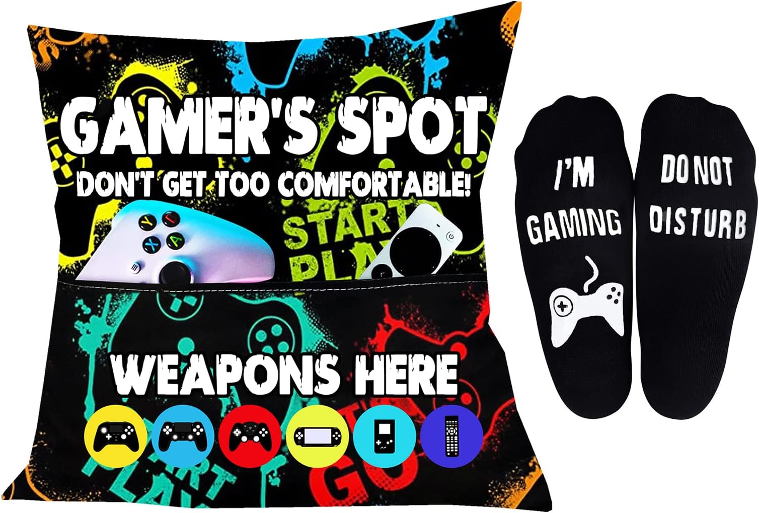 Gamer Gifts Pillow Cover Case 18x18 inch with Dual Pockets and Do Not Disturb I'm Gaming Novelty Socks, Gaming Room Decor Party Decorations, Xmas Gift Christmas Stocking Stuffers for Men Teen Boys