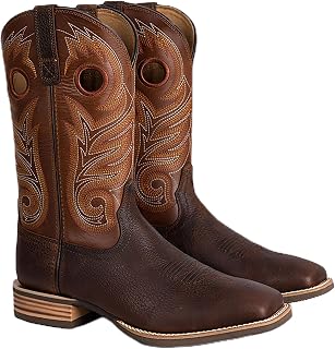Palitutu Cowboy Boots for Men Full-Grain leather, Square Toe Western Men's Boots Retro Embroidered, Pull-On Country Boots, Slip Resistant Boots for Rodeo & Festivals Brown