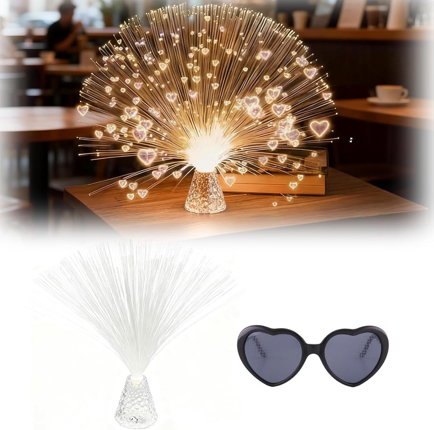 Where Dreams Sparkle Fiber Optic Lamp, Color Changing Fiber Optic Lights with Heart-Shaped Light Effect Glasses, Romantic Heart Mood Lighting for Home Decor (Transparent base)