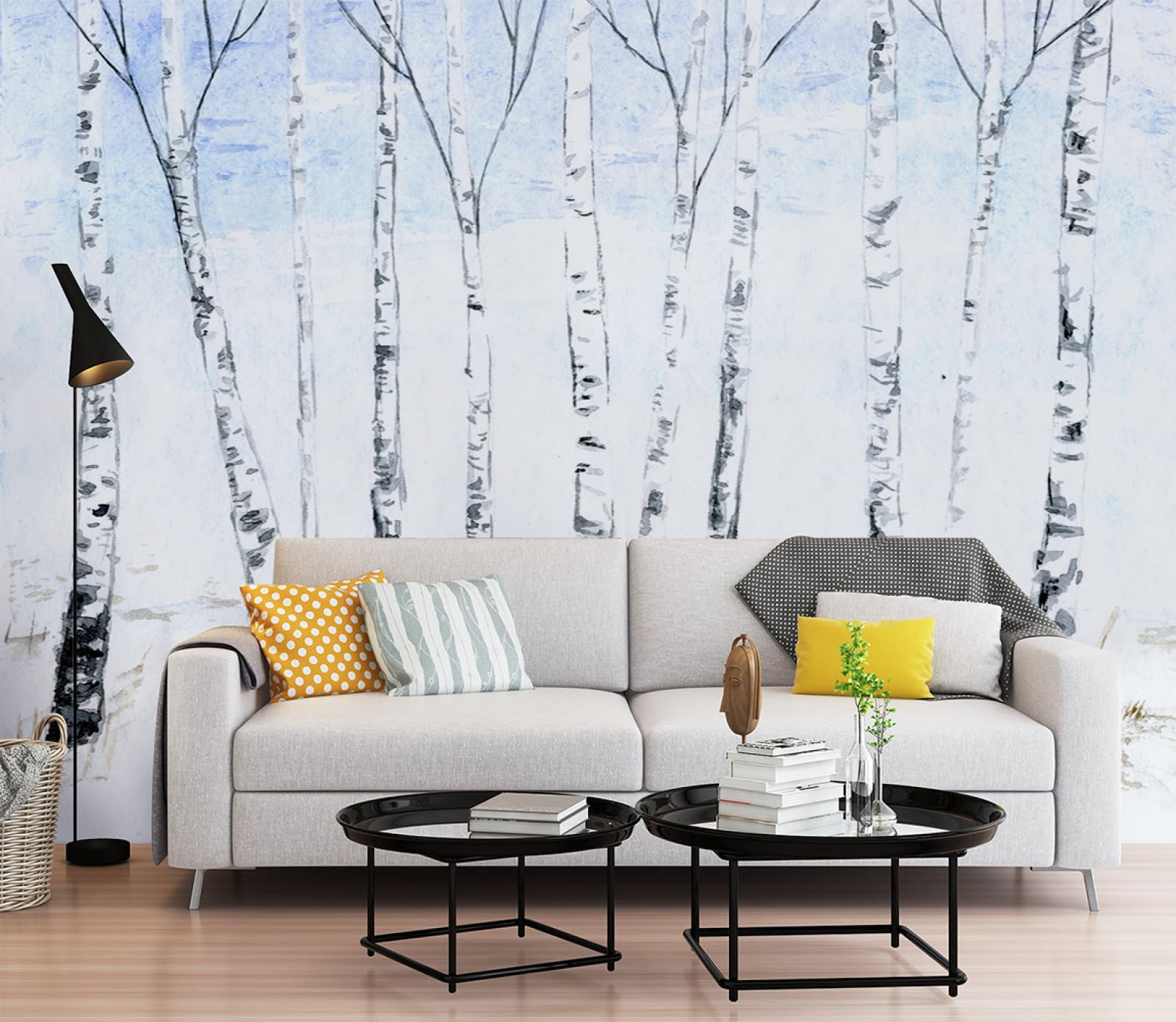 Papier peint panoramique arbre bleu gris pour chambre enfant et adulte