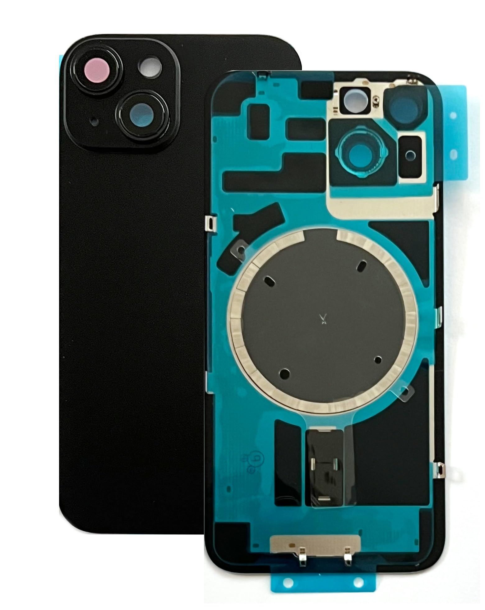 SVV Coque arrière, protection de batterie compatible avec iPhone 14. Pré-assemblée : avec aimant, support métallique, bagues pour caméra, etc. Verre arrière de remplacement. OEM (Noir)