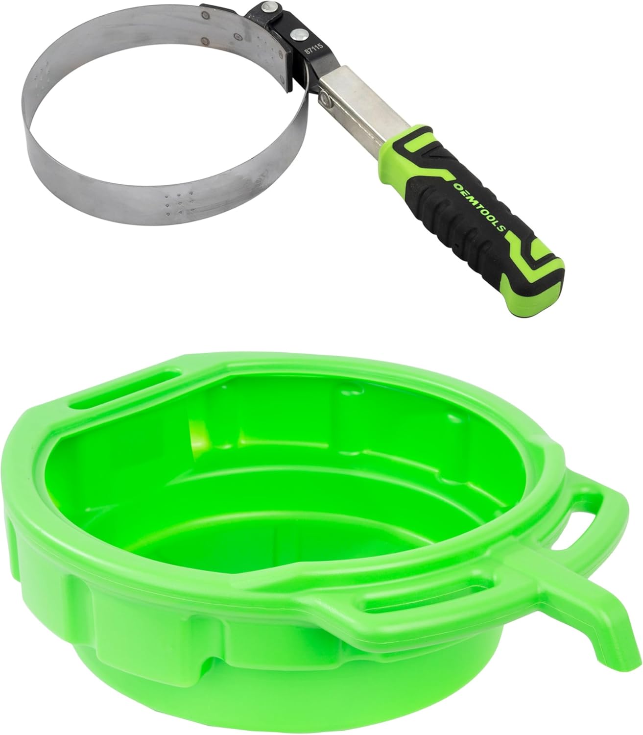 OEMTOOLS Swivel Oil Filter Wrench, Oil Drain Pan, 4 Gallon Oil Pan, Oil Filter Removal Tool for Removing 4-3/4" - 5-3/4" Filters in Tight Spaces, Dimpled Steel Band with Grippers