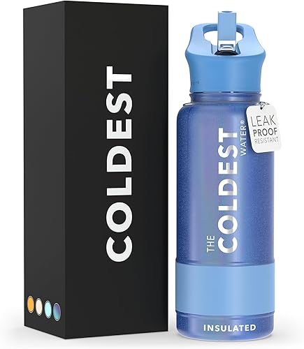 Miniatura 186 de Coldest - Botella de agua deportiva con tapa con popote y asa, a prueba de fugas, de acero inoxidable con aislamiento al vacío de doble pared,