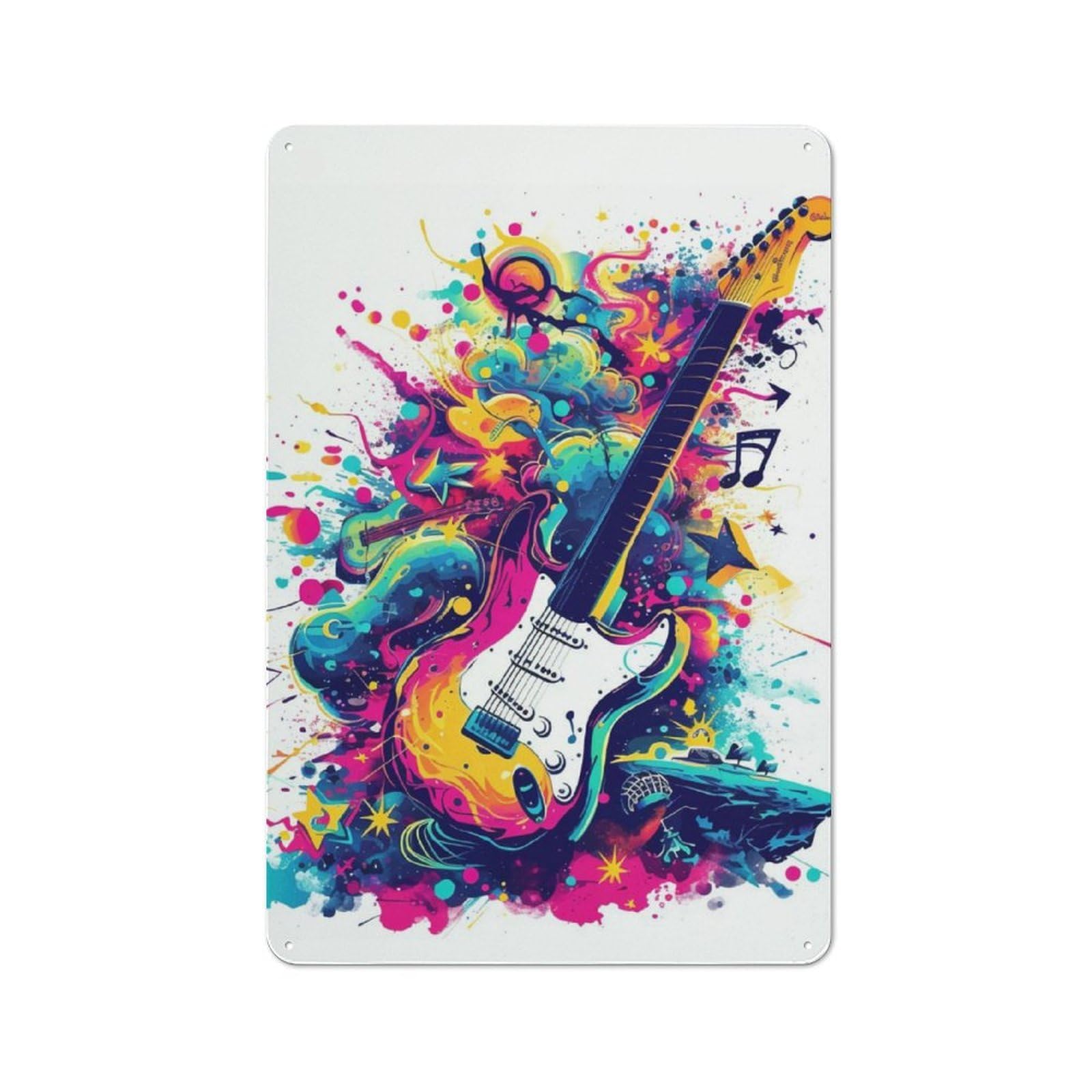 Junmoney Guitar Watercolor Music Workshop Style Tin Sign 30X20cm, Workshop Wall Decor For Tool Room, Garage, Studio Or Home Bar