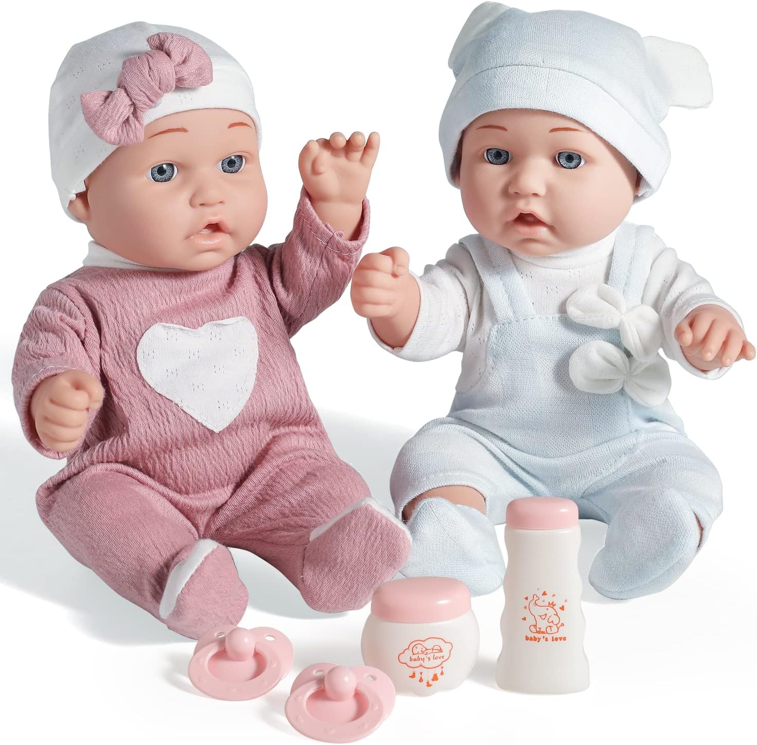 12'' Twins Baby Doll Playset with Accessories Includes Boy and Girl Dolls, 2 Powder Bottles, and 2 Pacifiers, Ideal Gift for Children Age 3+