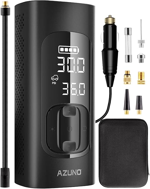 AZUNO Car Tyre Inflator Air Compressor Presta Valve And Schrader, Electric Car Tyre Pump with Pressure Gauge. 7800mAh Type-C Charge 150PSI for Cars, Bikes, Balls, and Motorcycles