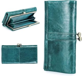 Womens Kiss Lock Purse Leather Clutch Wallet Frame Coin Pocket Vintage Trifold Checkbook Phone Wallet Card Holder Photo Window