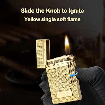 Classic Ligne 2 Style Lighter Iconic Ping Sound, Adjustable Soft Flame, Luxury Gift for Him Fathers Day, Anniversary, Brass Lighter for Men Who Appreciate Craftsmanship (Gold)