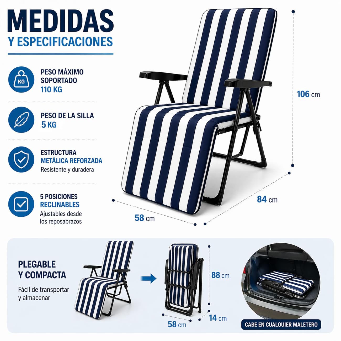 TIENDA EURASIA – Pack 2 Tumbonas Plegables de Camping | Diseño Marinero | 5 Posiciones Reclinables | 84x58x106 cm | Estructura de Aluminio | Soporta hasta 100 kg | Tejido Resistente | Playa y Jardin