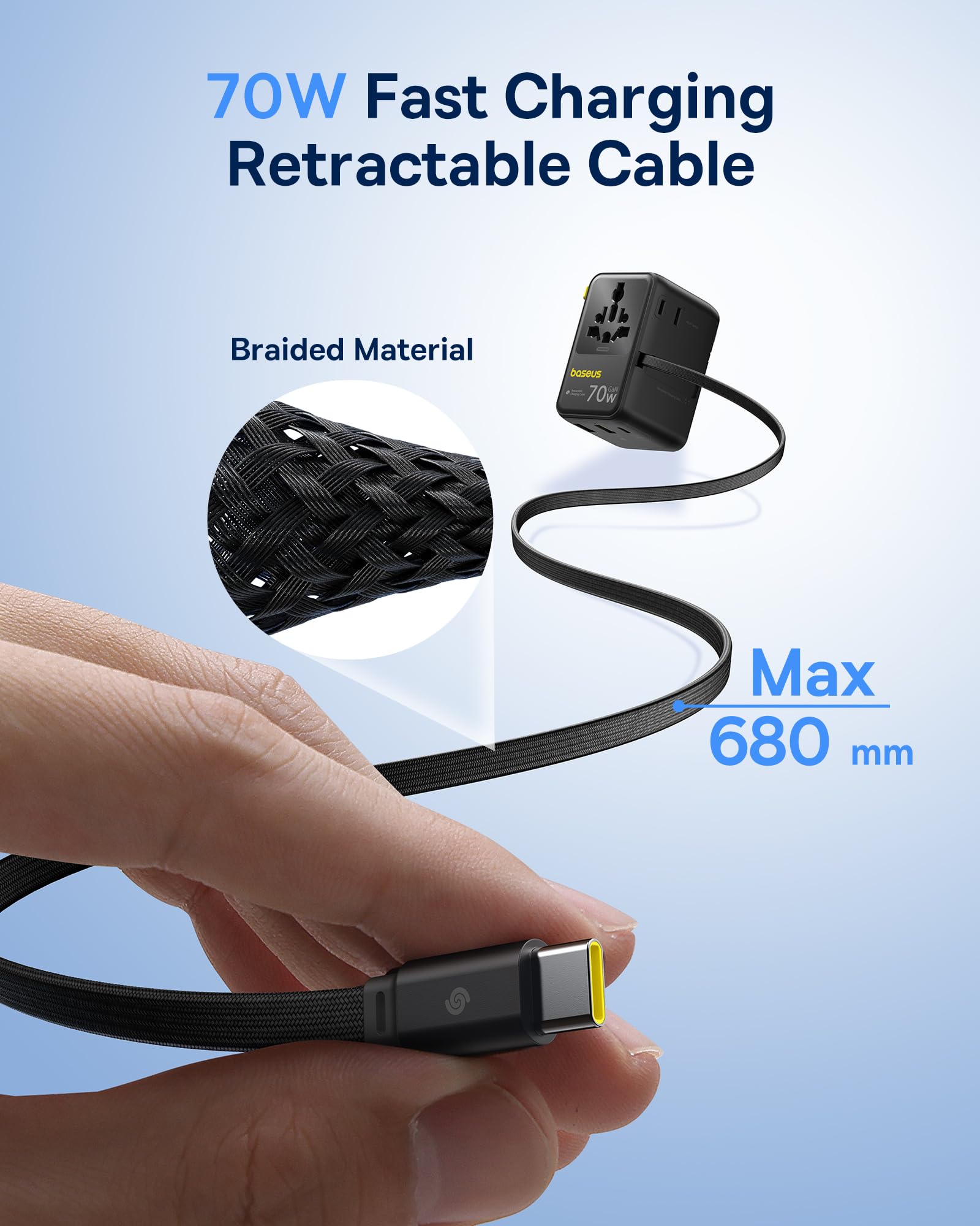 Baseus Enercore 70 W adapter podróżny na całym świecie z wysuwanym kablem, uniwersalna wtyczka podróżna z 2 AC+2 USB A+USB C, międzynarodowy adapter gniazdka, do USA, Anglii, Japonii, Tajlandii