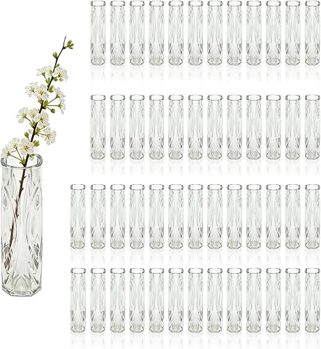 50 Pcs Clear Plastic Bud Vases Bulk for Small Flowers Wedding Centerpieces Decorations Decor Home Banquet Office Party Table Ornaments (1.2x5.5 inch,Pattern)