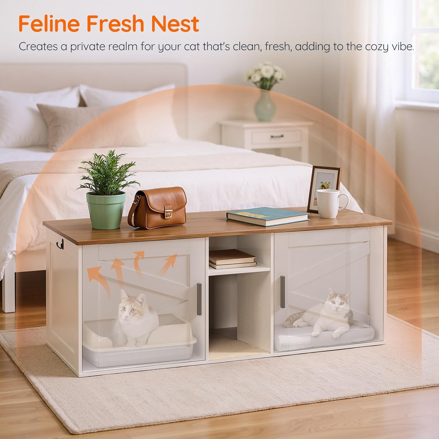 HOOBRO Double Litter Box Enclosure Bundle，Modern Cat Litter Box Furniture with Storage and Mat Design, 2 in 1 Hidden Litter Box Furniture with Shelf, WL78MW01-WH23MW01