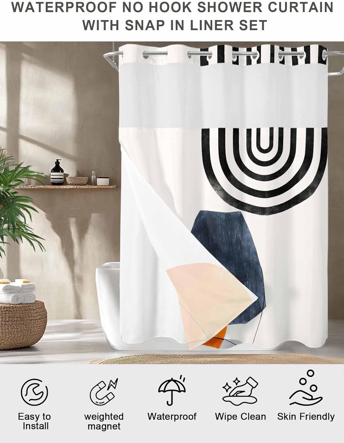 Teamery No Hook Shower Curtain with Snap in Liner, Modern Bohemian Pattern Curtain Set See-Through Top Double Layers Fabric Shower Curtains Abstract Geometric Art for Bathroom Decor, 72x84in