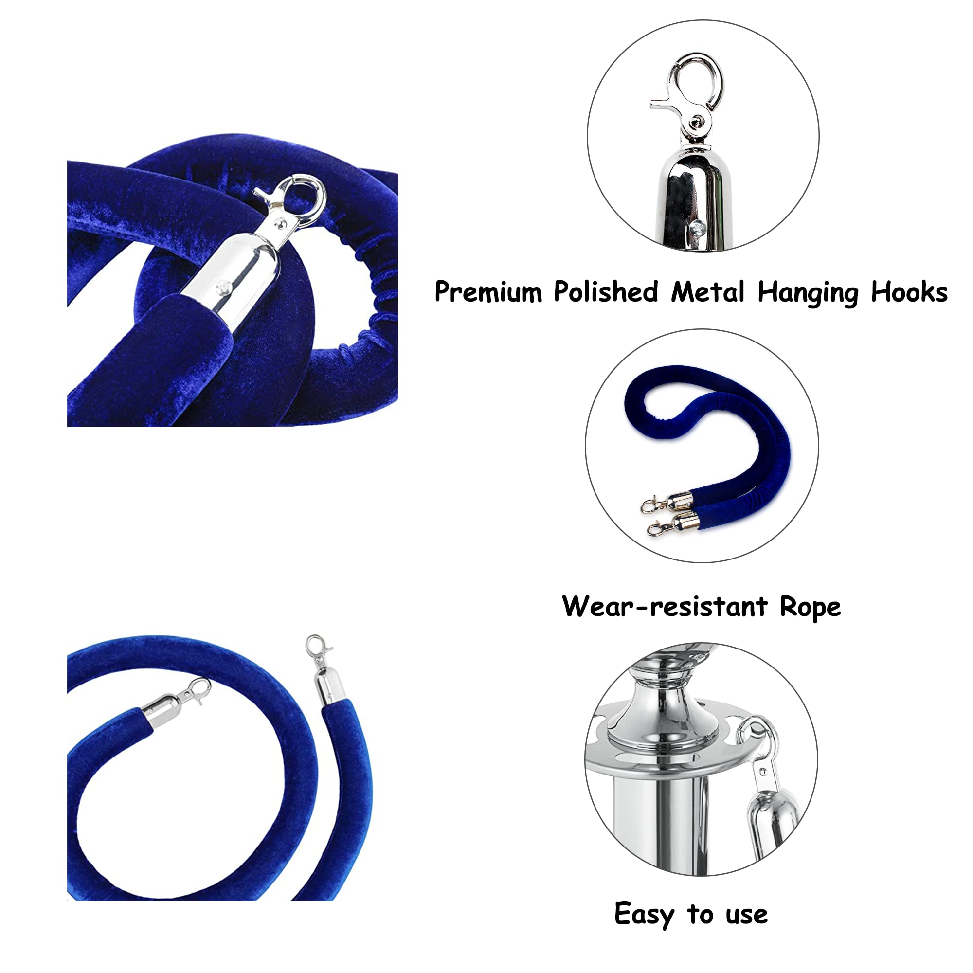 Pack de 2 Cuerda Terciopelo Azul Barrera Separadora 150 x 3cm – Con Extremos de Presión – Cinta para Persona Guiar Delimitar Personas