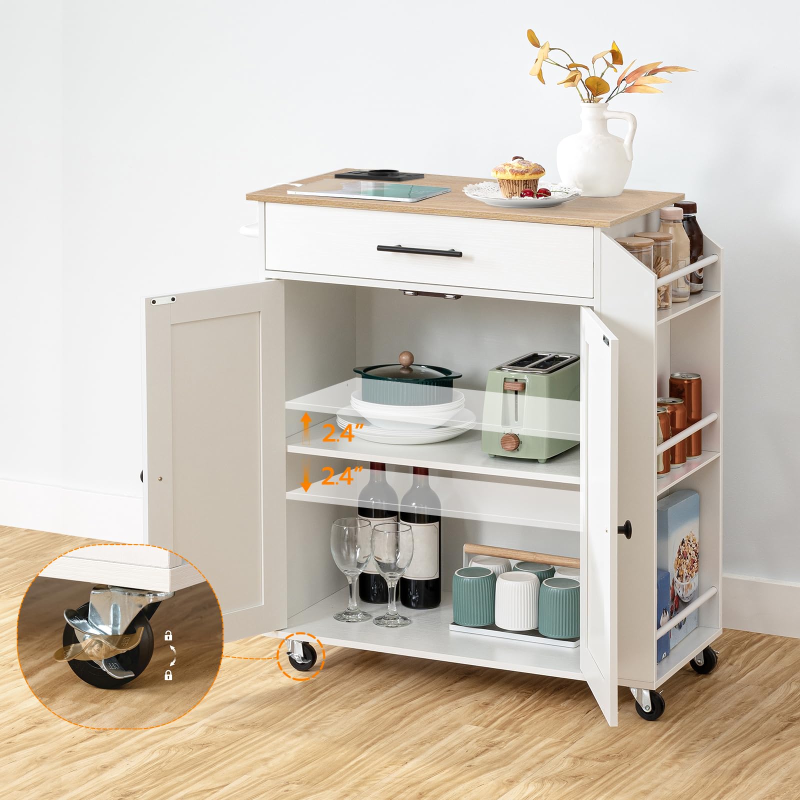 HOOBRO Küchenwagen mit Arbeitsplatte, Kücheninsel Küchenschrank mit Steckdosenleiste, bewegliche Kücheninsel mit Schublade und Gewürzregal, Küchenwagen auf Rollen, 80,8 x 38 x 86 cm EWN82CZD01