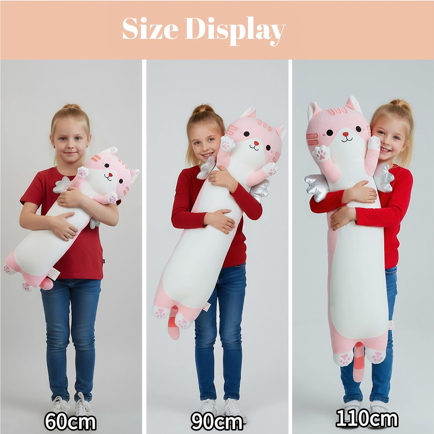 Pluszowe zwierzęta koty, poduszka długa XXL, skrzydła kota, przytulanka, miękki kot, Kawaii, duża, pluszowa zabawka dla dzieci i dorosłych (różowa, 110 cm)
